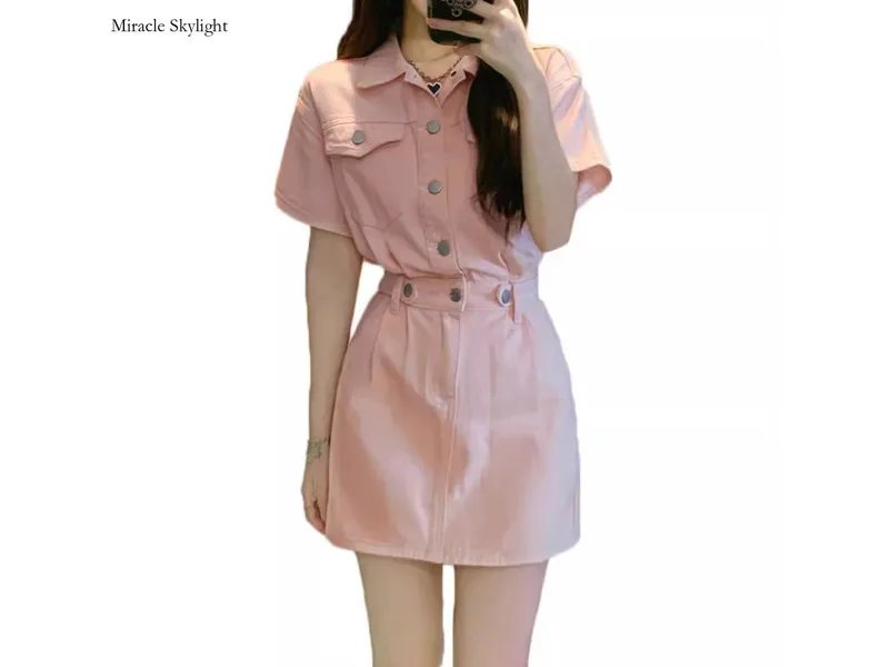 Cotton Polo Neck, Waistband, Sleeved Shirt, Short Skirt, Children's Summer Hong Kong Style, ChiC Wrap Buttocks Dress