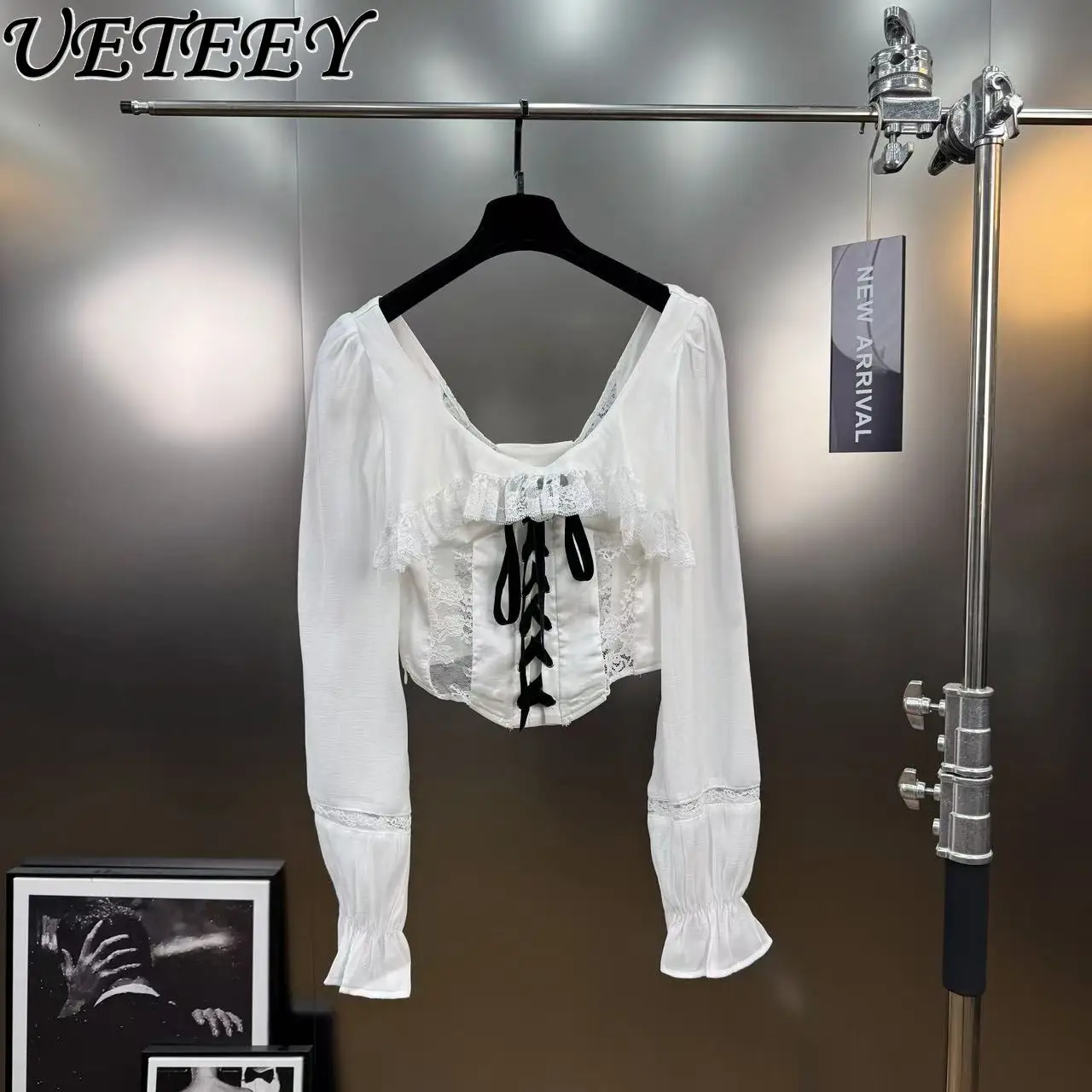 Herfst Franse stijl volwassen elegante korte kanten patchwork stropdas tops veelzijdig wit slim fit shirt met lange mouwen voor dames