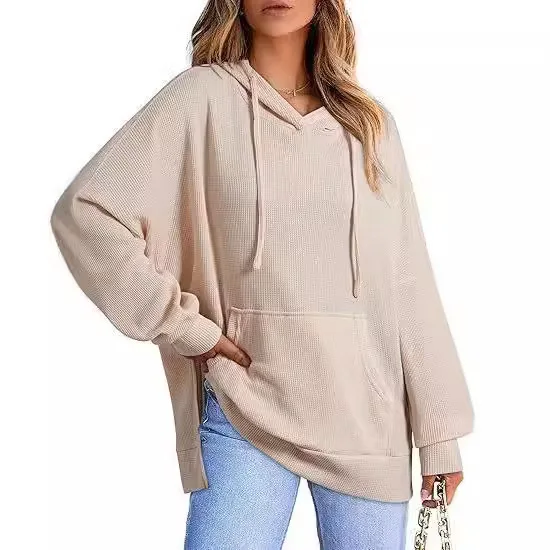 Women Hoodie Waffle Knit Side Slit Pullover Sweatshirt with Pockets Long Sleeve