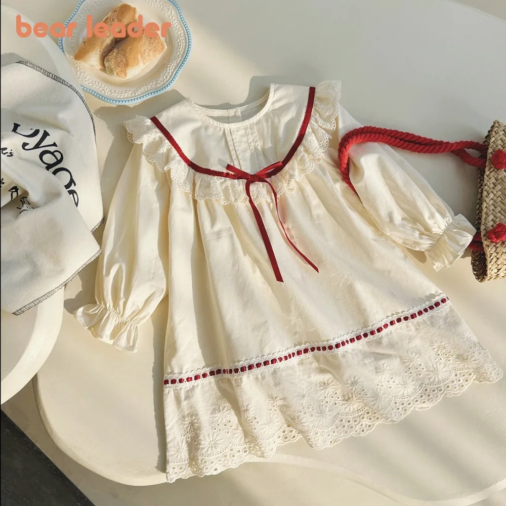 Bärenführer Beige Langarm-Baumwollmädchenkleider 2025, Herbst, Schleife, Dekoration, koreanische Version, modisches, lässiges Kinderkleid