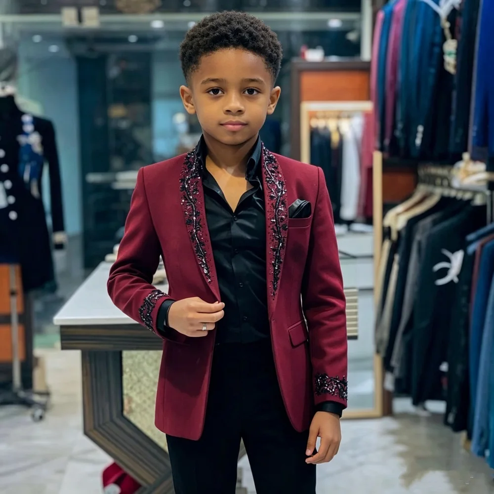 Luxury Beaded Boys Prom Suit 2 Piece Separates Shawl Lapel Child Formal Wedding Tuxedo Outfit Custom for Page Boy Evening Party