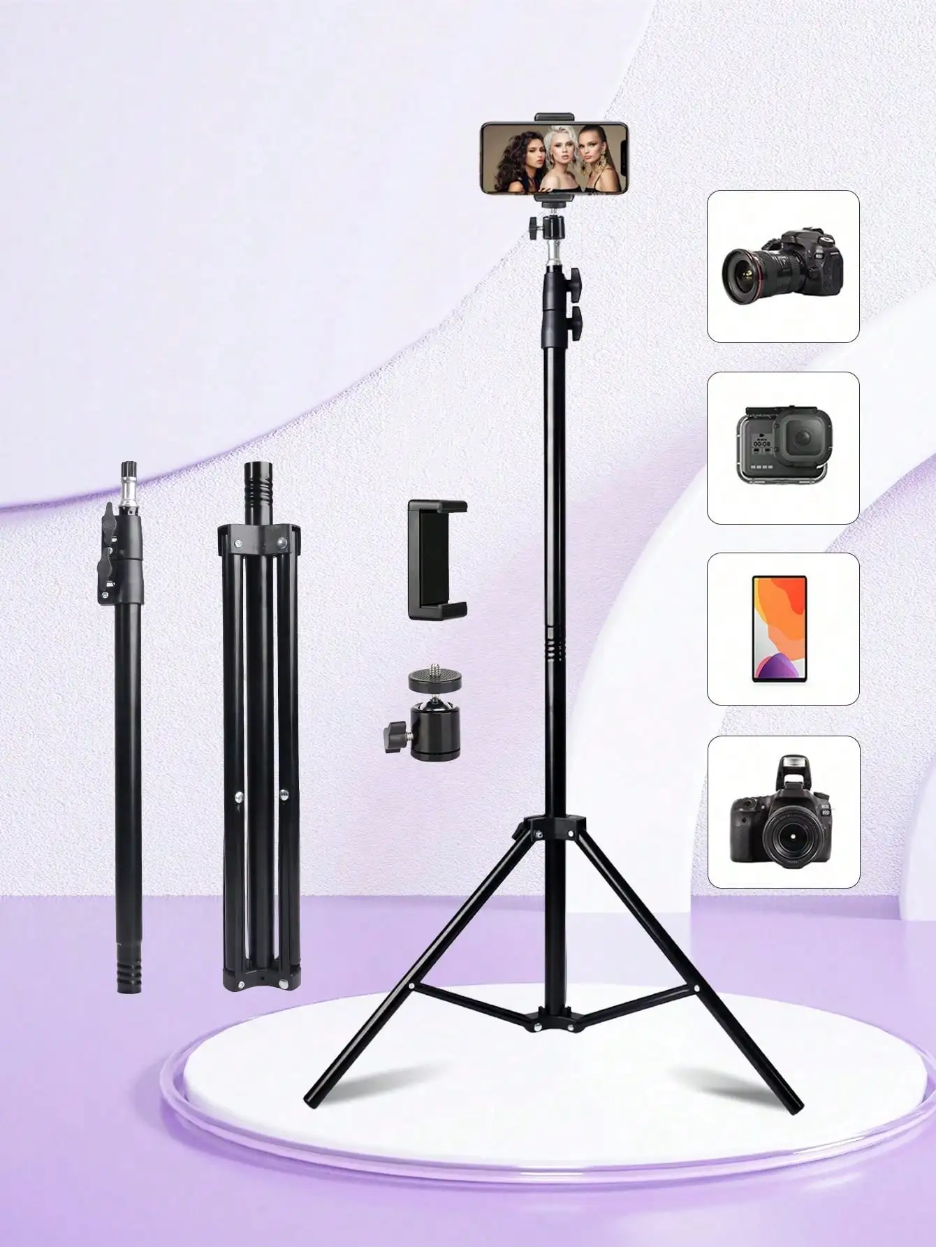Mobile Selfie Stick Tripod, Flexible 360 ° Rotation, Cool Black Design Tripod, Height Adjustable, With Extension Rod, Two-Piece Design, Extending Up To 160 Centimeters, Suitable For Cameras, Digital SLR Cameras, Mobile Phones, Projectors, Commonly Used Fo