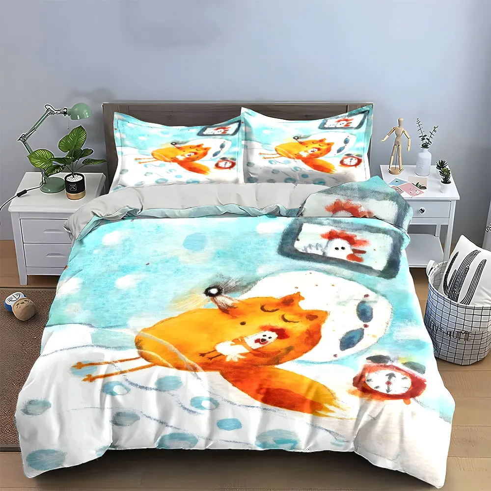 Sleeping Fox With Baby Chick In Bed Duvet Cover Set, Light Blue Polka Dot Kids Bedding Includes 1 Duvet Cover And 2 Pillowcase