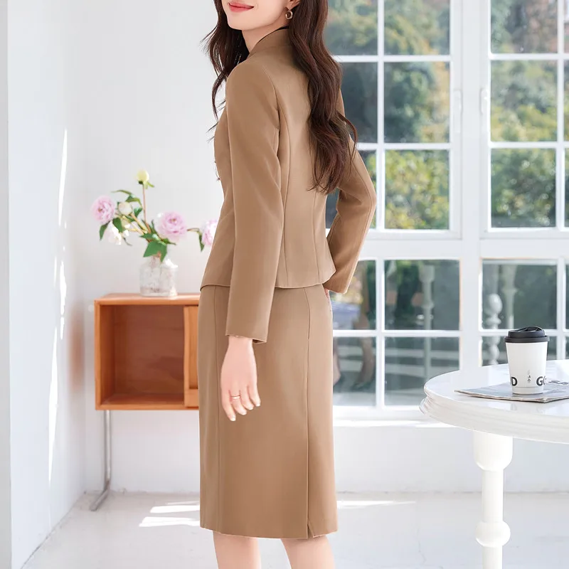 NAVIU New ARRIVAL Elegant LADIES อย่างเป็นทางการชุดกระโปรงผู้หญิงสีกากีสีเทาสีดําแขนยาวหญิง Blazer ชุดสําหรับธุรกิจทํางาน