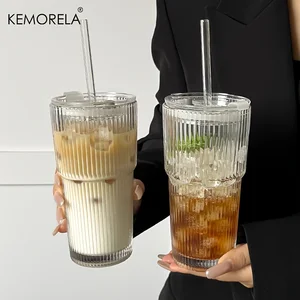 Gelas Kopi Kaca Bergaris 600ML Dengan Tutup dan Tanpa Penutup Gelas Minum Transparan Jerami untuk Gelas Minum Es Kopi Jus 6 gelas koktail dengan penjualan terbaik - №