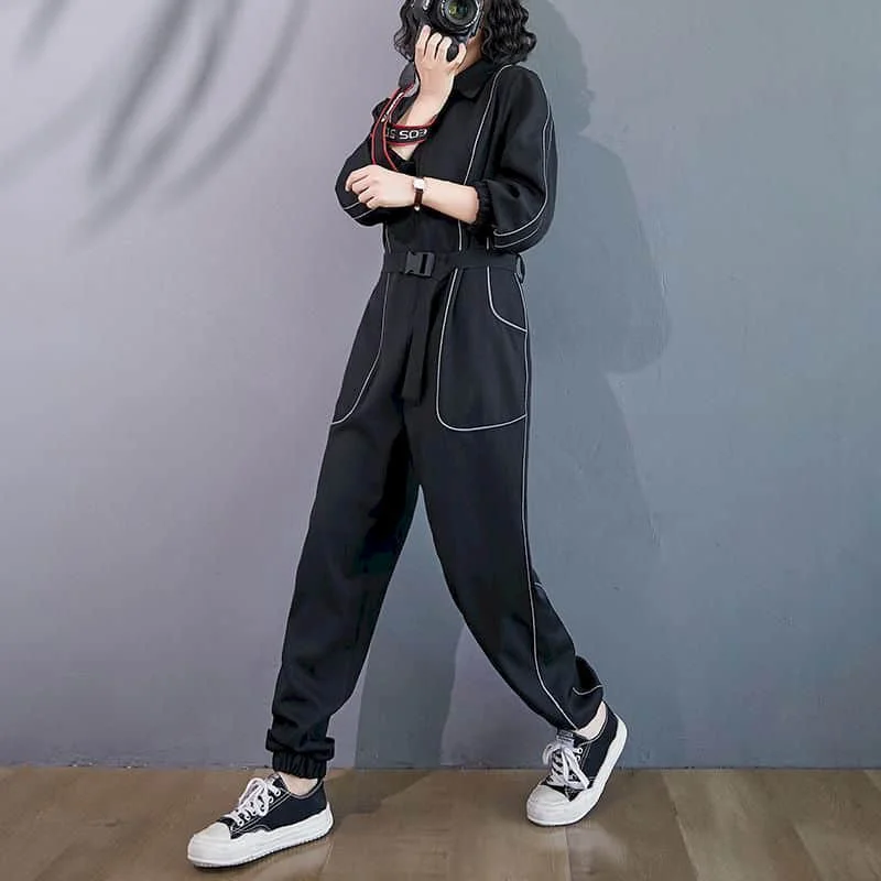 Women Jumpsuits Loose Harajuku Straight Pants One Piece Outfit Women Long Sleeve Workwear Korean Style Casual Vintage Playsuits