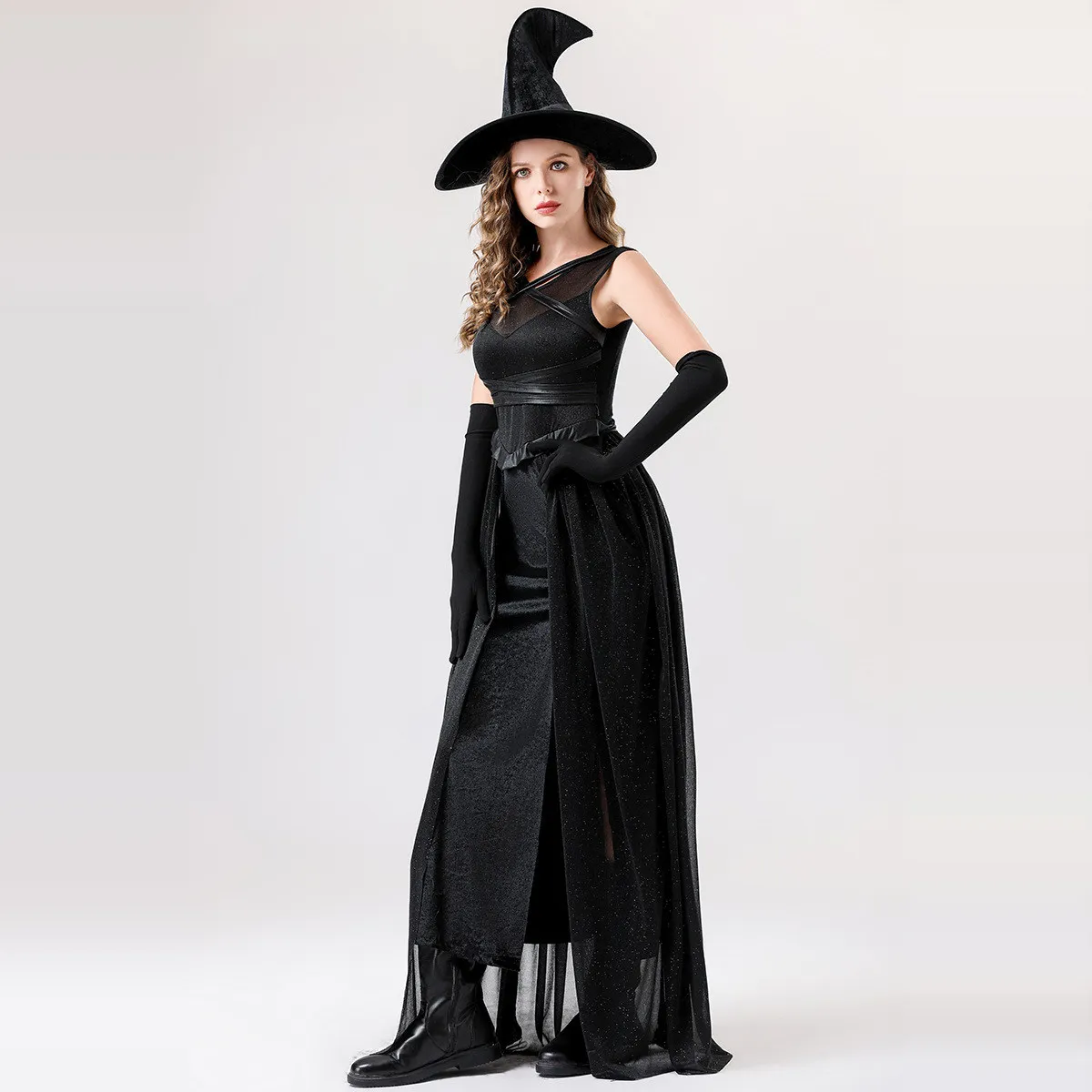 زي هالوين بأسلوب قوطي داكن، تنورة طويلة للساحرة، زي مصاص الدماء والموت باللون الأسود، زي تقليدي مثير للنساء بمقاسات كبيرة