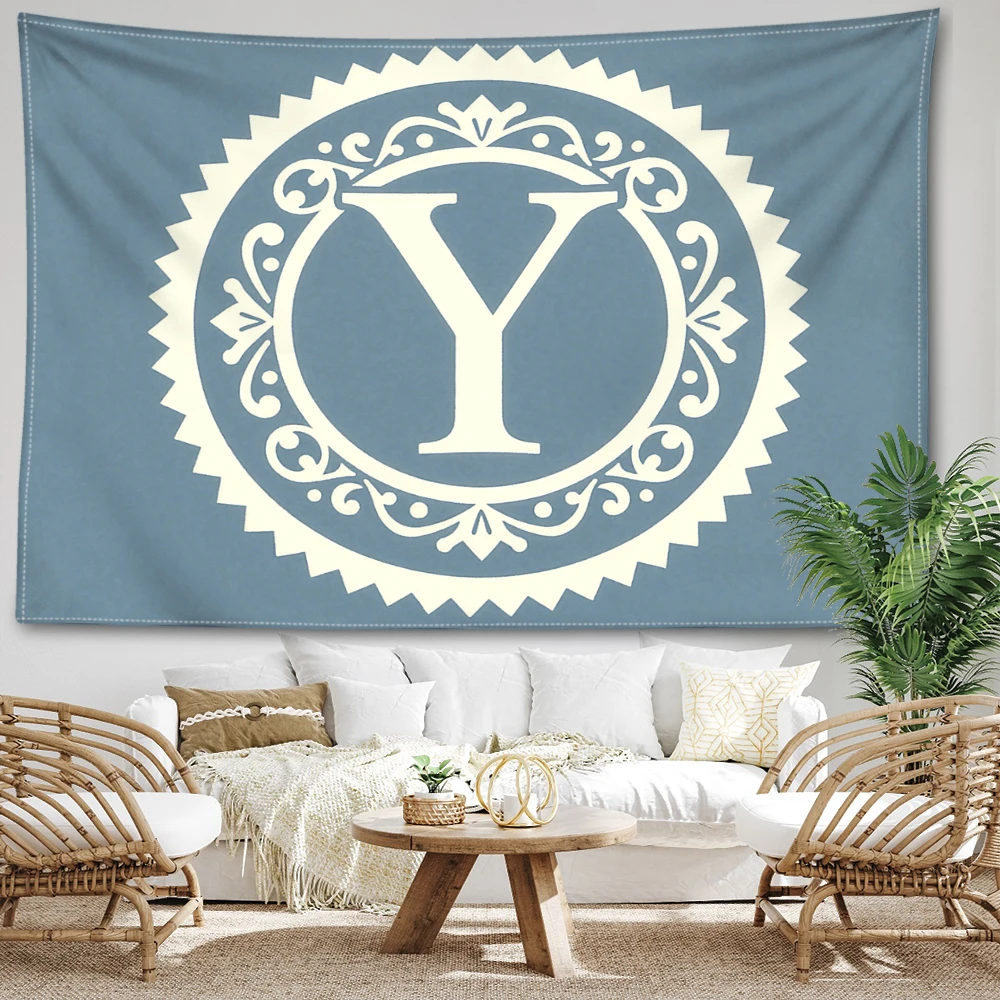 Gray Blue Zigzag Letter Y Printed Tapestry Wall Hanging Bohemian Style Bedroom Home Decor
