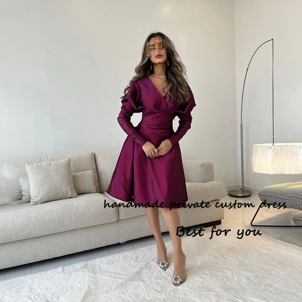 

Purple Satin Mermaid Evening Dresses Long Sleeve V Neck Arabian Dubai Prom Dress Knee Length Formal Evening Gown Back Lace Up