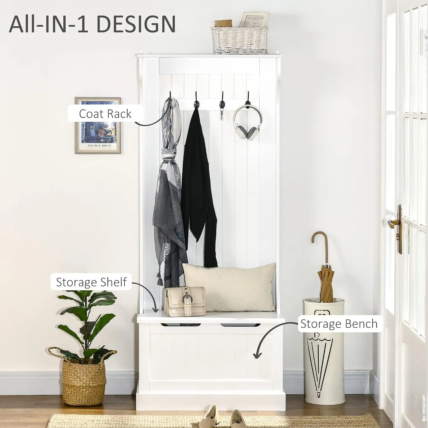 Hall Tree Entryway Bench Coat Rack With Flip Top Shoe Storage, Slim Mudroom Organizer Stand With Four Double Hooks, Modern Freestanding Accent Furniture For Foyer Living Room, White, 1 Pack