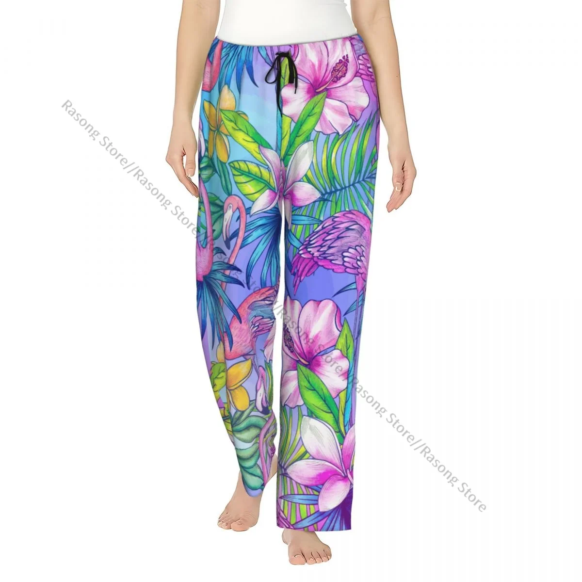 Women Flannel Lounge Pants Soft Neon Tropical Botanical Flamingos And Palms Pajama Pants Winter Sleepwear