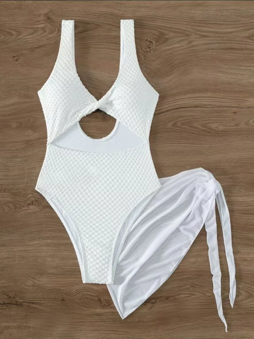 Sexy branco frente nó oco para fora maiôs duas peças com capa de malha saia biquinis maiô praia outfits biquini tankini