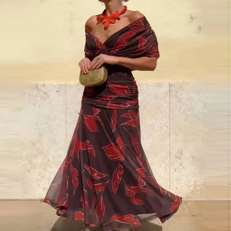 الربيع الصيف قصيرة الأكمام المرأة حزب اللباس مثير العميق الخامس قصيرة الأكمام شبكة فستان طويل أزياء البوهيمي عطلة ماكسي فساتين