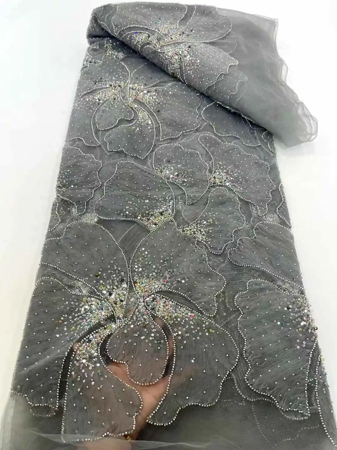 

Luxury Beaded Lace Fabric Lace Fabric High Quality Nigerian Party Lace Fabric 2025 Sequins Lace Mesh Fabric For Dress Sewing