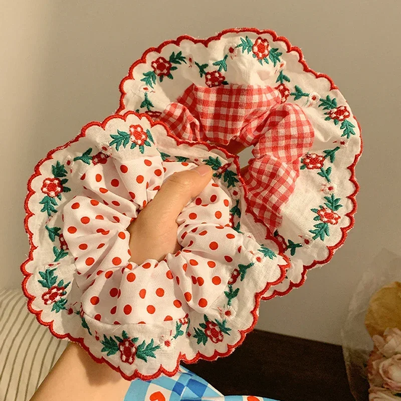 Women Beautiful Embroidered Large Scrunchies Elastic Hair Bands Hair Ties Sweet Hair Accessories Ponytail Holder Head Rope - view 2