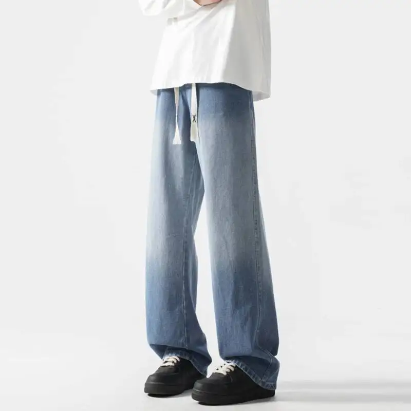 LUZHEN 2026 New Simple Style Handsome Gradient Washed Straight Jeans Men's Fashion Drawstring Waist Casual Denim Pants JY7937