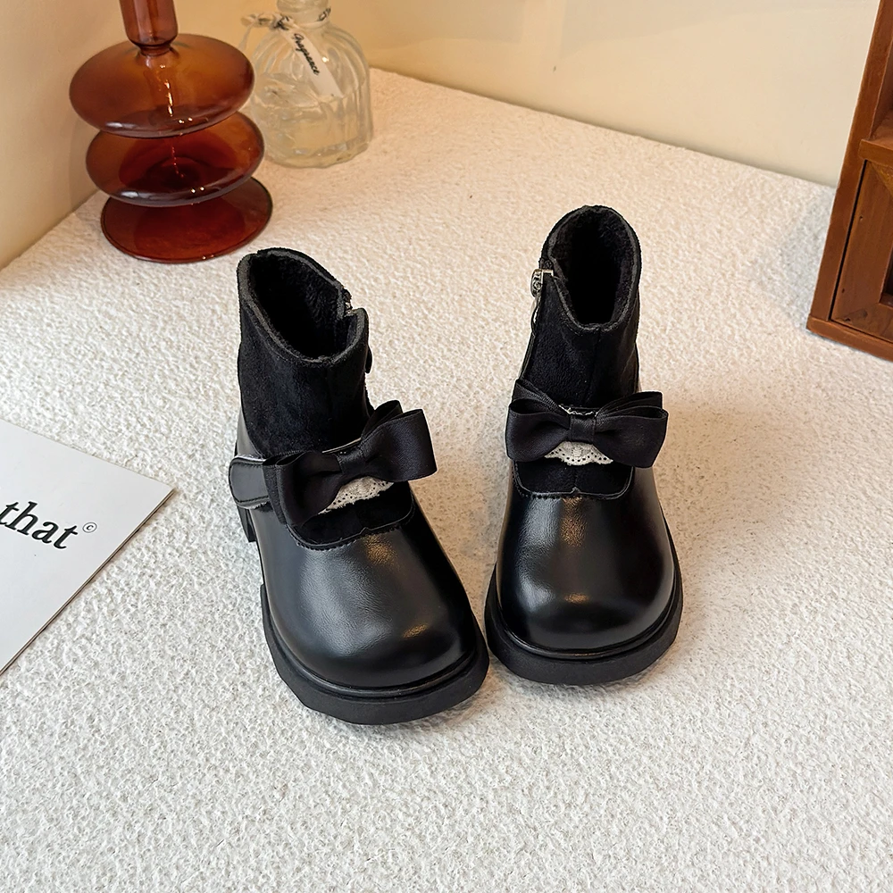 Winter New Children's Boots for Girls Warm Princess Fashion Ankle Plush Boots Sweet Bowknot Kids Cotton Boots for Wedding Party