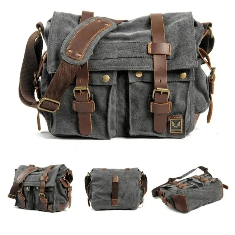 

2025 Vintage Canvas Crossbody Bag Crazy Horse Leather Messenger Satchel for Men & Women, Laptop Shoulder Bag with Retro Style