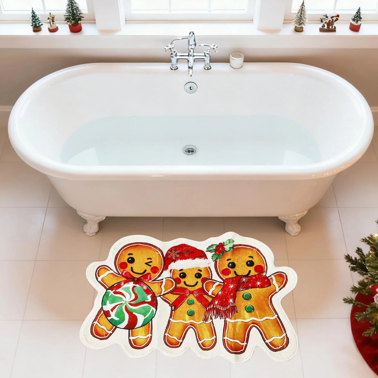 VIKAMA Gingerbread Man Shaped Bath Mat Candy Holly Berry Pattern Non Slip Absorbent Mat For Bathroom Bedroom Xmas Home Decoratio