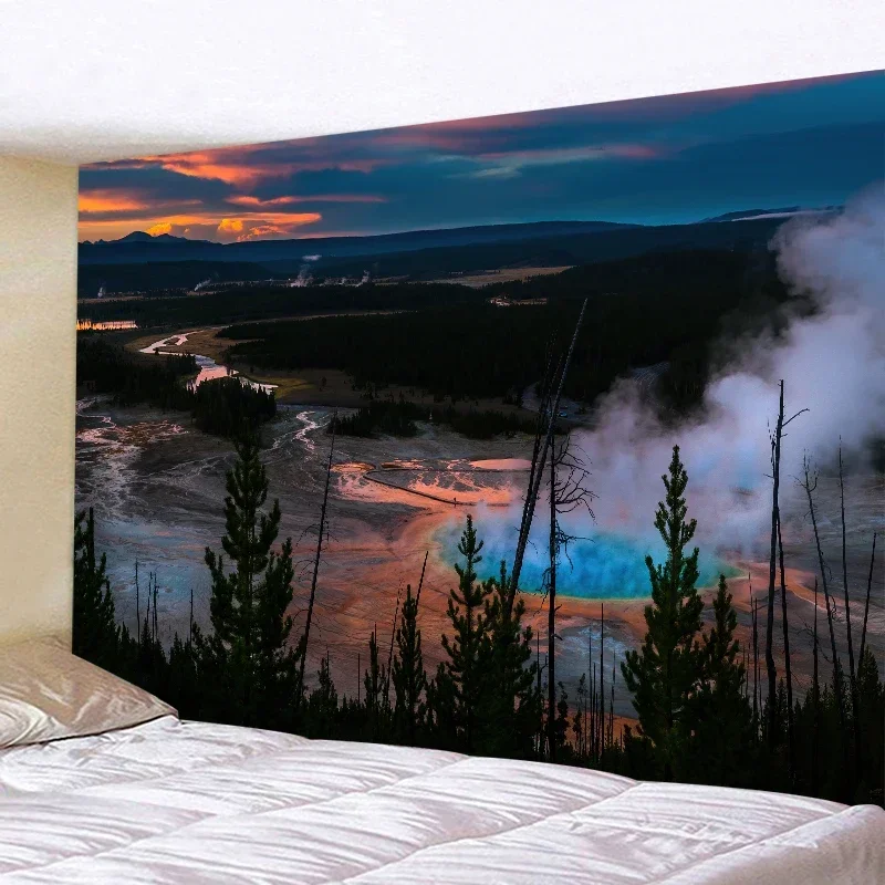 نسيج كبير شاليه الغابة الطبيعية بحيرة قماش مزخرف جداري الهبي المناظر الطبيعية المفروشات الجدار الشنق الفن للديكور المنزل