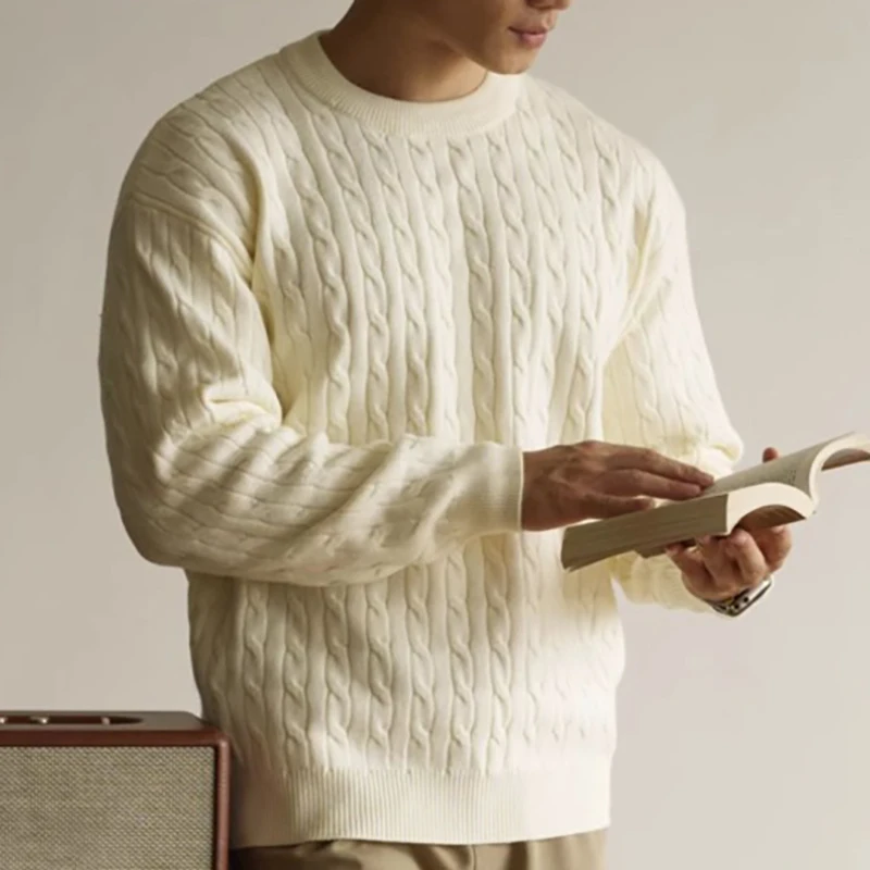 

Autumn Winter Wavy Stripe Men's Knit Sweater Pullover Japanese Solid Color Round Neck Casual Sweater New Thick Knitwear Pullover