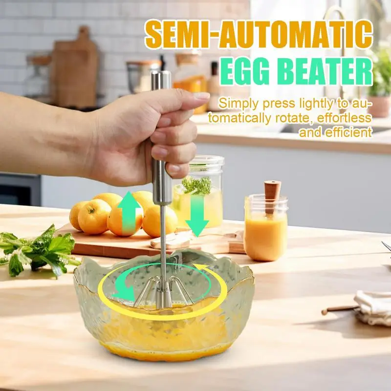 Hand Mixer Egg Beater Stainless Steel Rotary Hand Push Egg Beater Portable Milk Frother and Kitchen Mixing Gadget