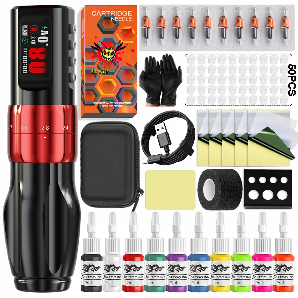 

Tattoo Gun Kits BIGWASP Wireless Tattoo Machine Pen Kit Adjustable 2.0-4.2mm Stroke Coreless Motor 2000mAh Color Screen Battery