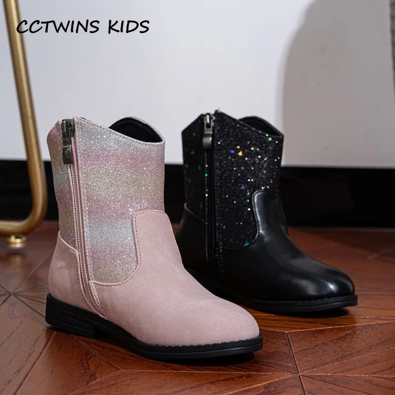 Girls Boots Spring Autumn Kids Fashion Brand Middle Calf Princess Boots Toddler Children High Top Glitter Shoes Soft Sole Flats