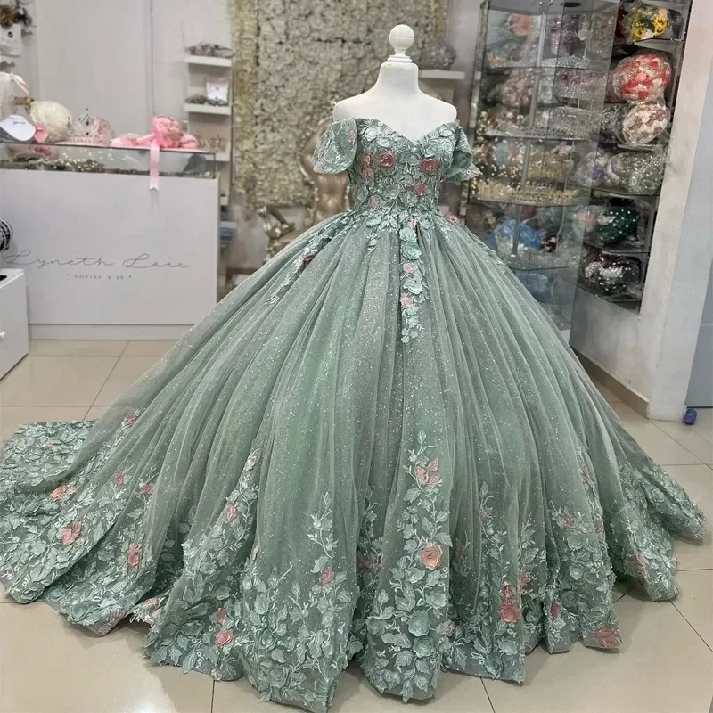 الأزهار النعناع الأخضر رداء دي Quinceanera الزهور الجميلة يزين الحبيب قبالة الكتف تول مشد الكرة ثوب مخصص