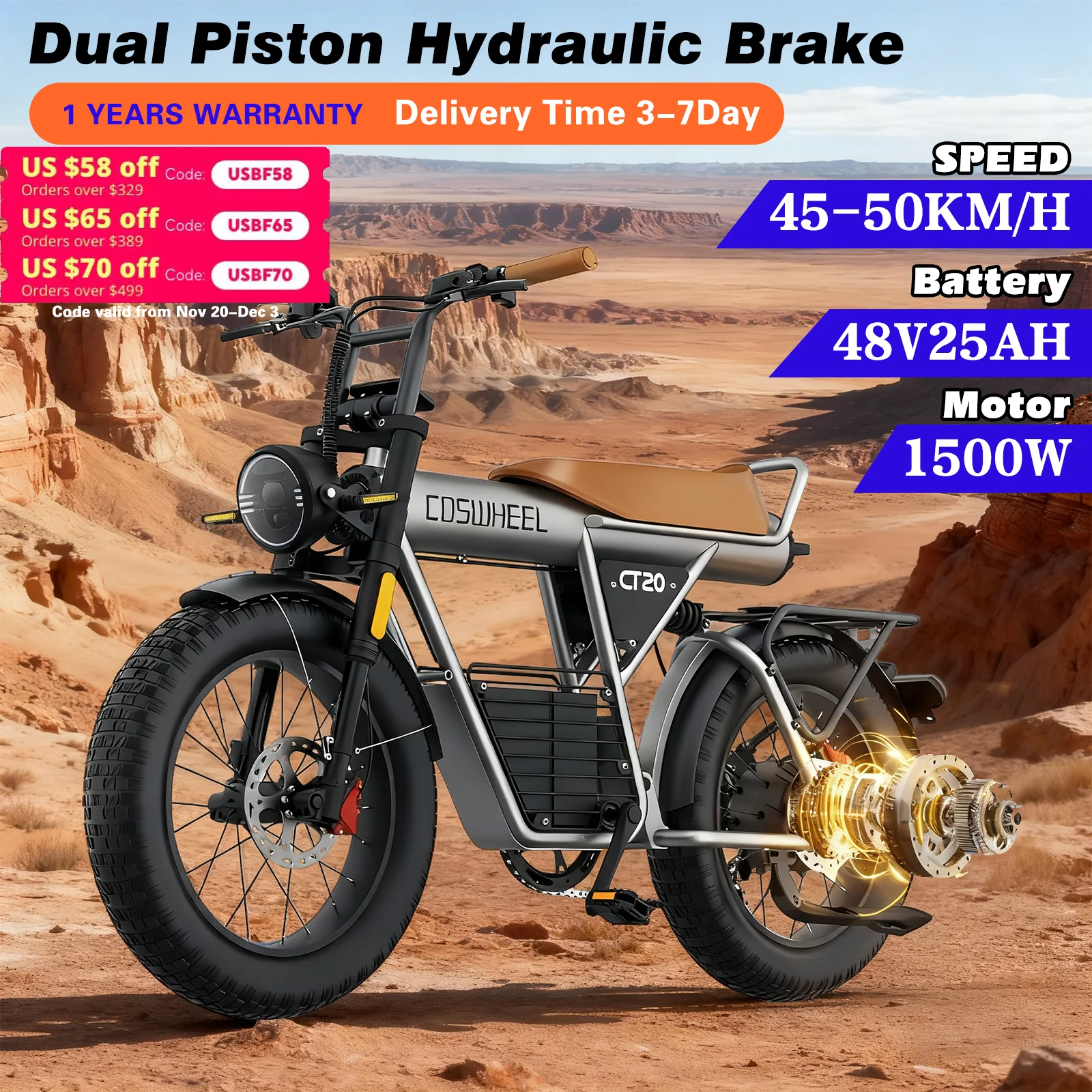 

CT20 Electric Bike - 1500W Motor, Up to 30MPH Speed, All-Terrain & Long Range | Ideal for Parent-Child Rides & Adventure Lovers