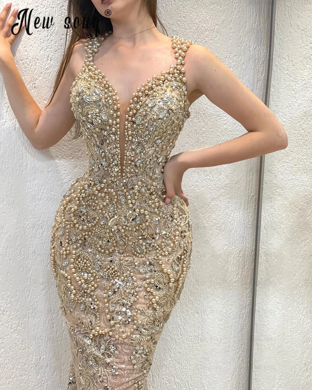 Robe de Soirée Formelle Champagne Clair à Col Plongeant, Tenue de Gala Personnalisée avec Surjupe et Perles, 2 Pièces