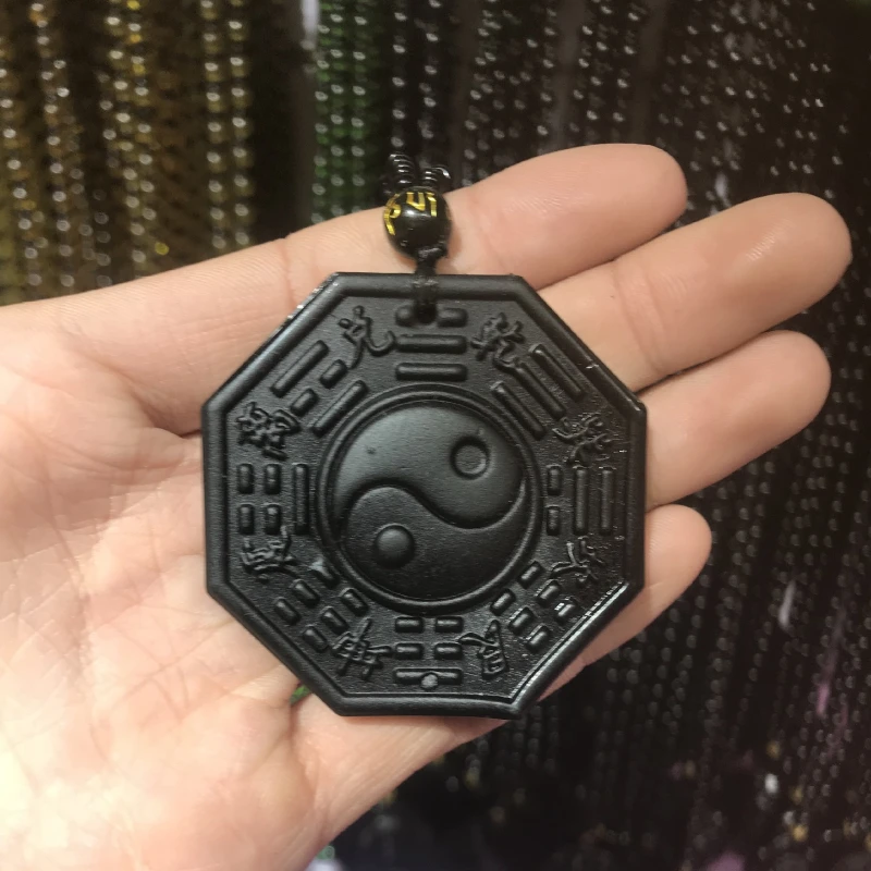 Obsidian Yin Yang Bagua Necklace Chinese Feng Shui Protection Amulet Pendant Rotatable Tai Chi Charm With Adjustable Black Bead Chain Spiritual Healing Gemstone Necklaces for Men Women