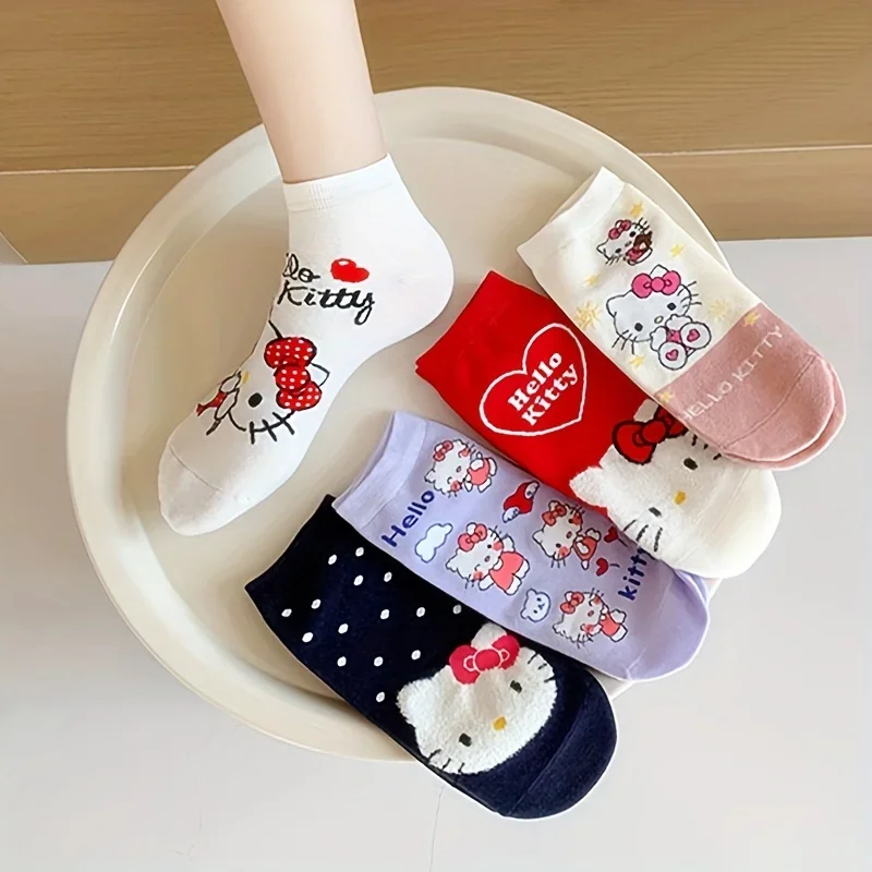 5 Pairs Wholesale Kawaii Sanrio Hello Kitty Anime Socks Harajuku Ship Cartoon Cute Female Printed Cotton Socks