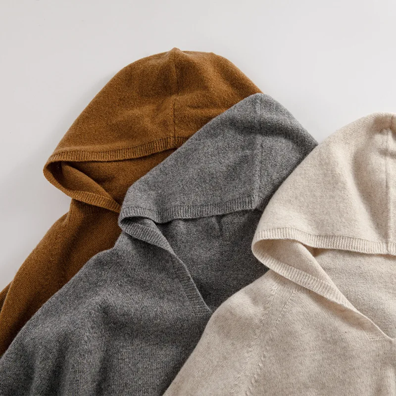 2025 여성 가을 의류 마이야르 스타일 의상 100% 순모 무봉제 원피스 긴 소매 후드 니트 탑