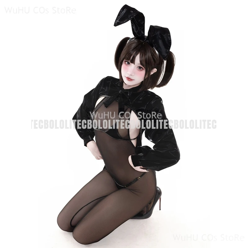 

New Original Design PU Leather Reverse Bunny Girl Cosplay Costume Black Jumpsuit Mesh Cloth Lingeries Women Sexy Cosplay