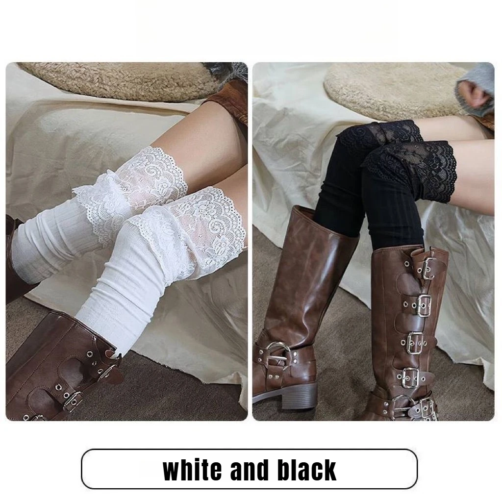 Socks Woman Autumn/Winter Solid Color Thigh High Lace Cute Lolita Thick Warm Stockings Black White Long Leg Socks for Women