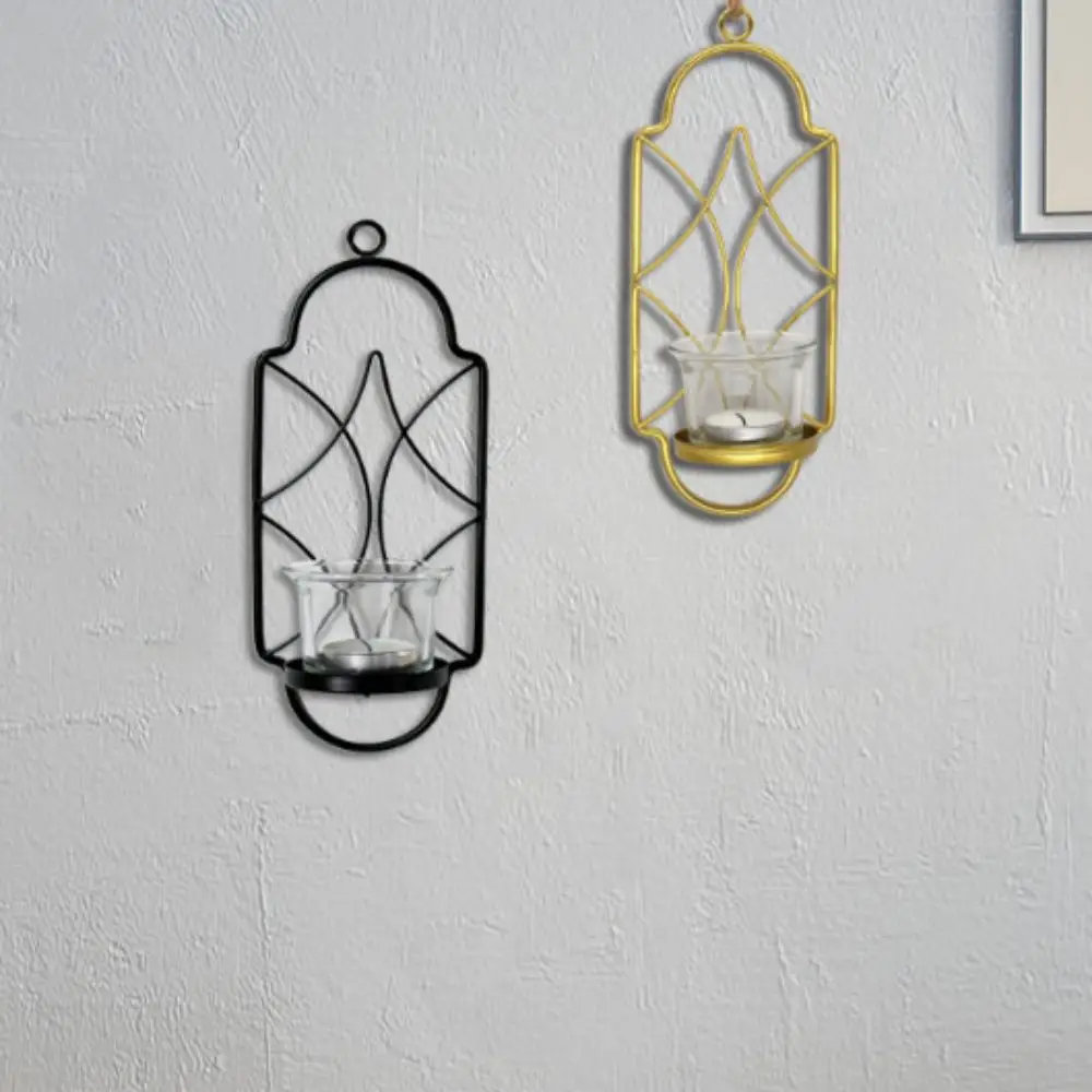 Wrought Iron Wall Mount Candle Stand Vintage Rustic Geometric Golden Candlestick Easy to Install Wall Tealight Holder