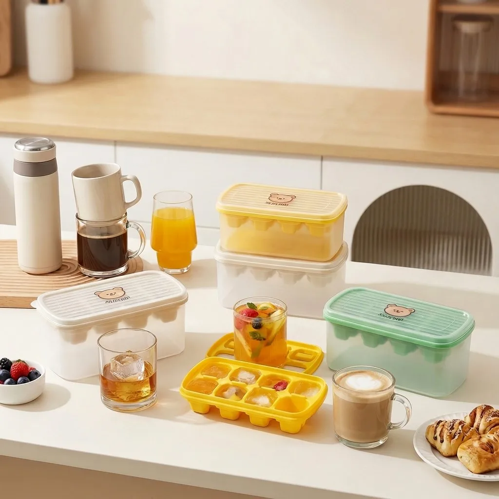 1/2/3pcs Plastic Ice Cube Tray With Storage Box 8 Grids Reusable Ice Cube Mold Refrigerator DIY Ice Maker Ice Mould For Drinks