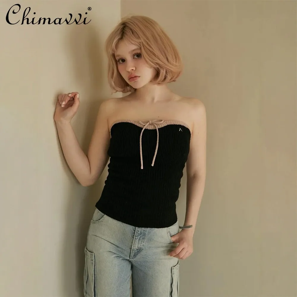 

Japanese Style Pure Desire Color Block Girl Sweet Off-Shoulder Knitted Tube Top Summer Women's Slim Elegant Vest with Chest Pads