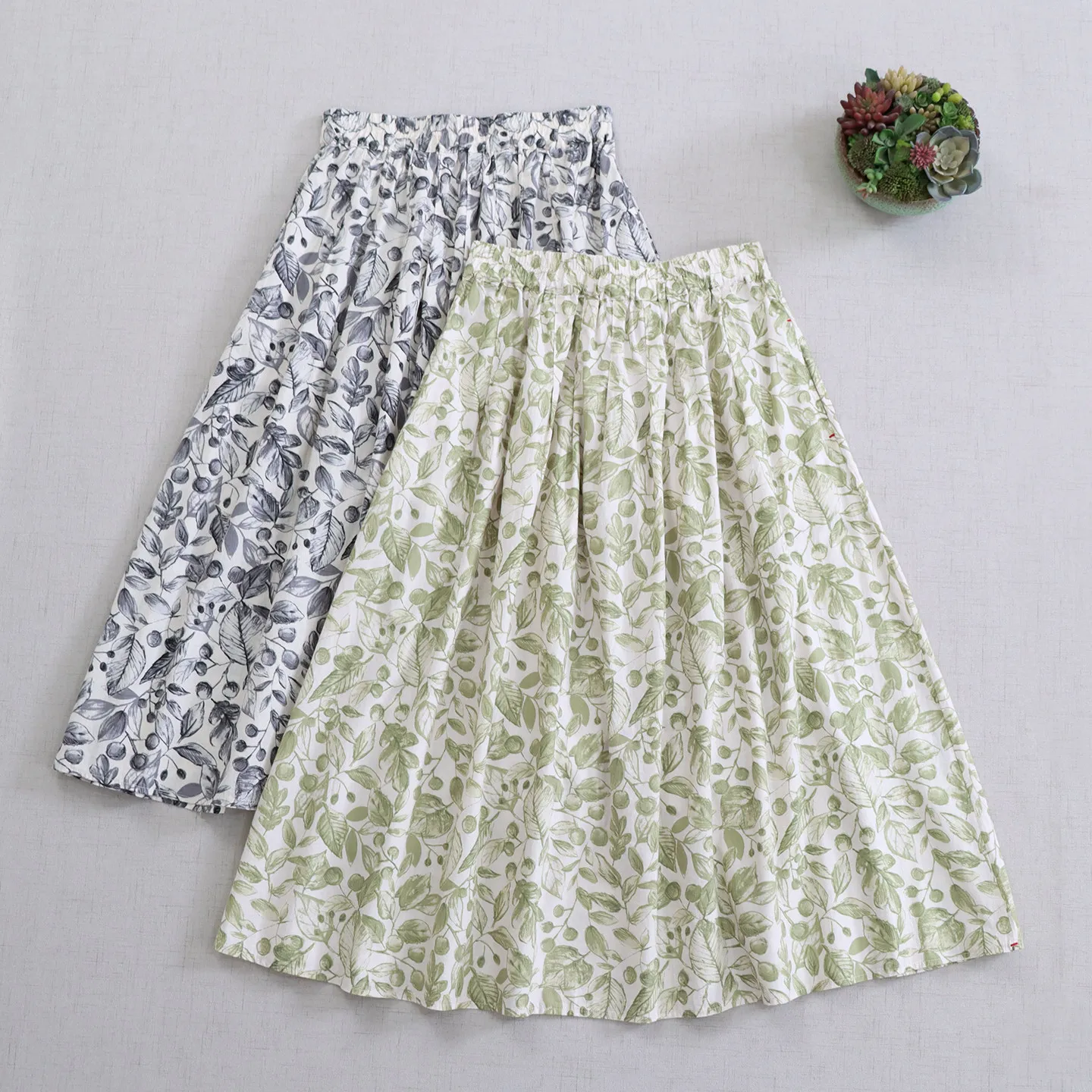 Japanese Mori Girl Vintage Leaf Floral Printed Cotton Skirts Women Spring Summer Elastic Waist Casual Loose A-line Midi Skirts