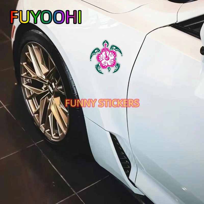 FUYOOHI Sea Turtle Hibiscus Hawaii Cartoon Car Stickers Helmet Motorcycle Sunscreen Vinyl JDM Accessories