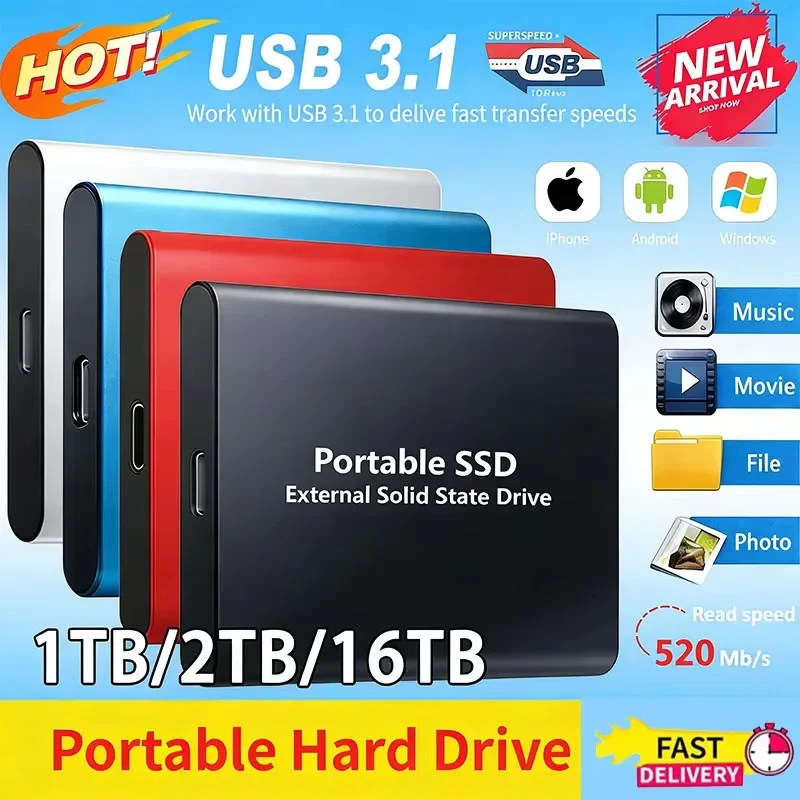 New Portable External SSD High Speed Solid State Disk 1TB 2TB 128TB 256TB USB3.1 Hard Drive for PC/Laptop/Mac/Phone