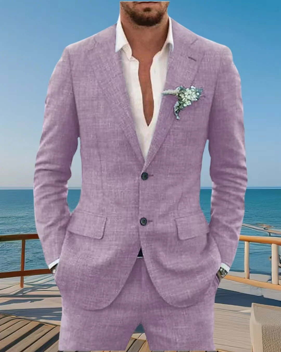 

2 Pieces Blazer and Pants Set Linen Suits for Men Beach Casual Outfits Wedding Party Groomsman Beach Tuxedo Notched Lapel Slim