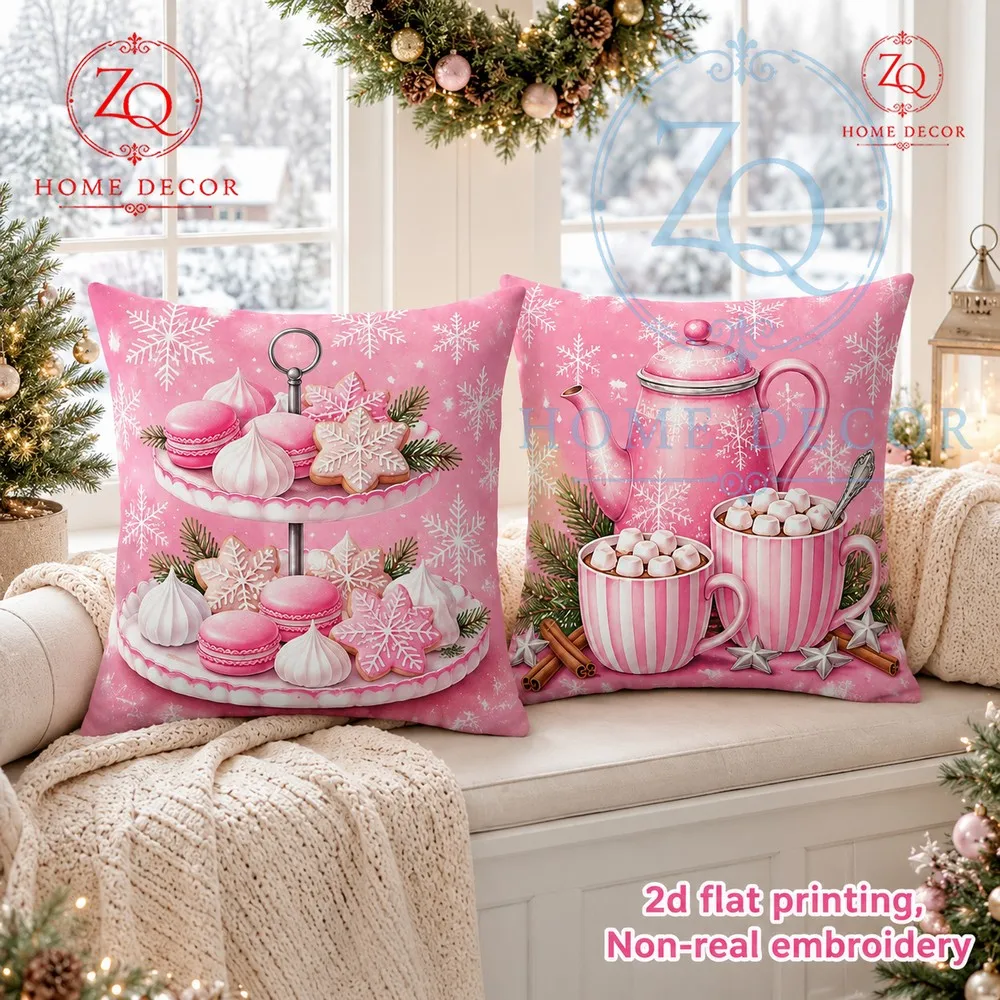 Pink Christmas Hot Drink Pillowcase with Cinnamon Marshmallow Design: Warm Winter mosphere  Cozy Home Decor