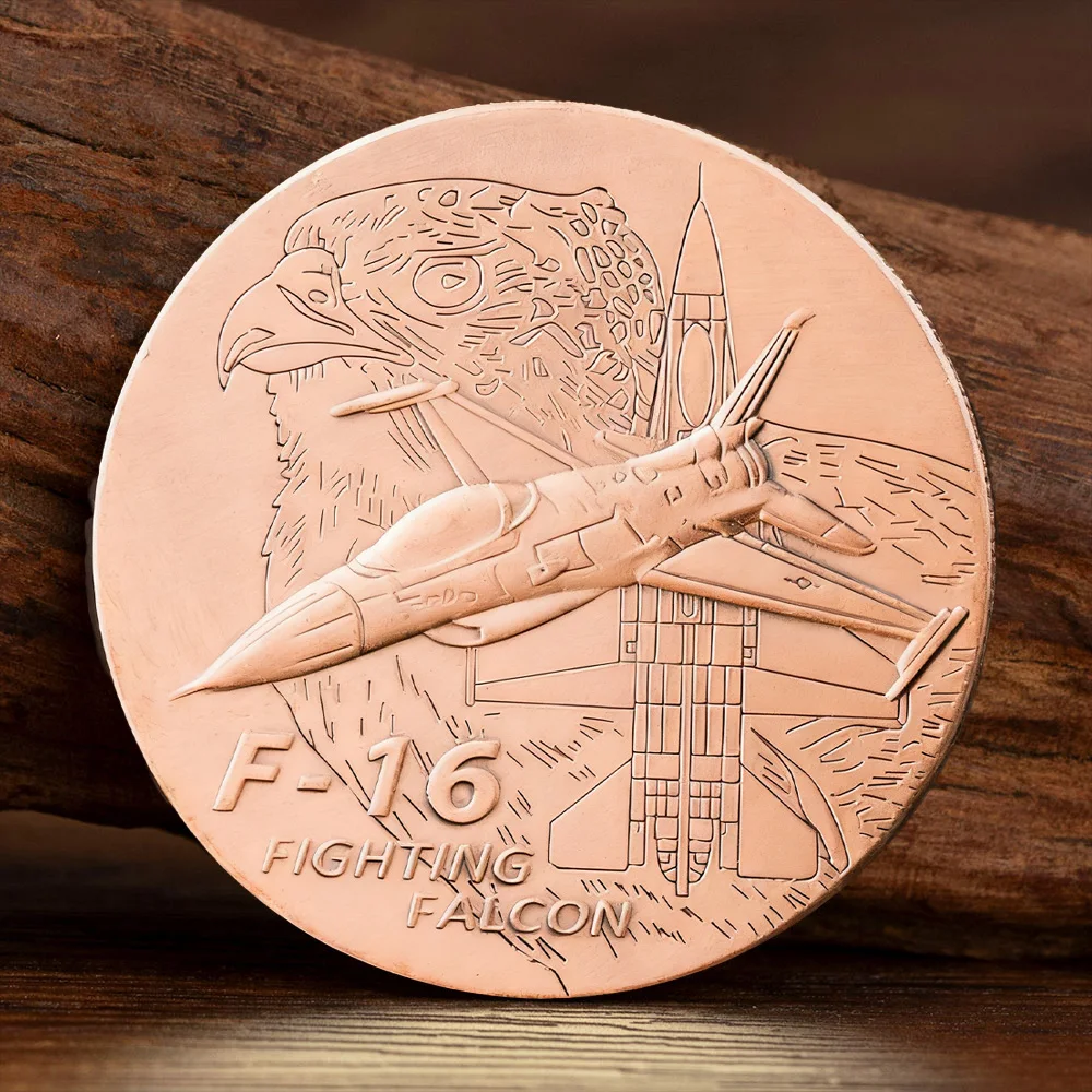 Antique Red Copper Plated Collectible Coin Featuring The Emblem of The American Eagle Head F-16 Fighter Jet Souvenir Coin