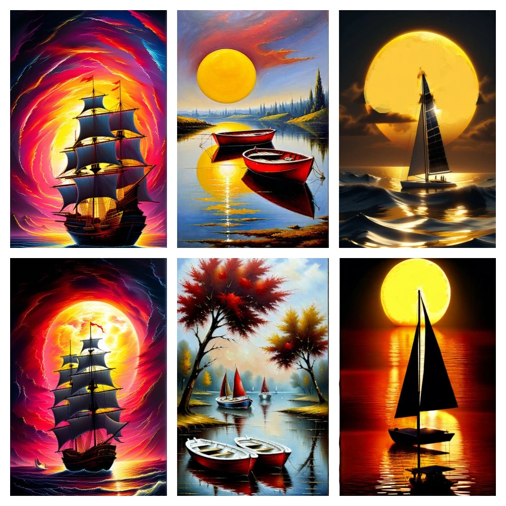 Full Diamond Paintings Boat Under Sunset Rhinestones Mosaic Art Embroidery Cross Stitch Kits  Landscape Special Decor Diy Gifts