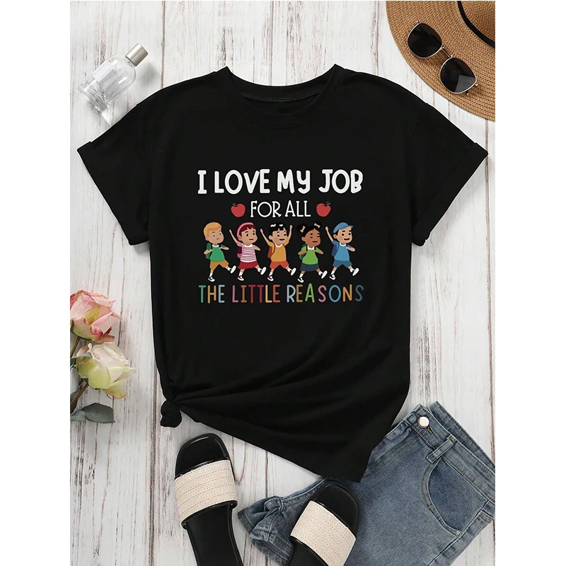 Women's Casual Short Sleeve Round Neck T-Shirt 'I Love My Job for All The Reasons' Graphic Print T Shirt Teachers' Day Tees Tops