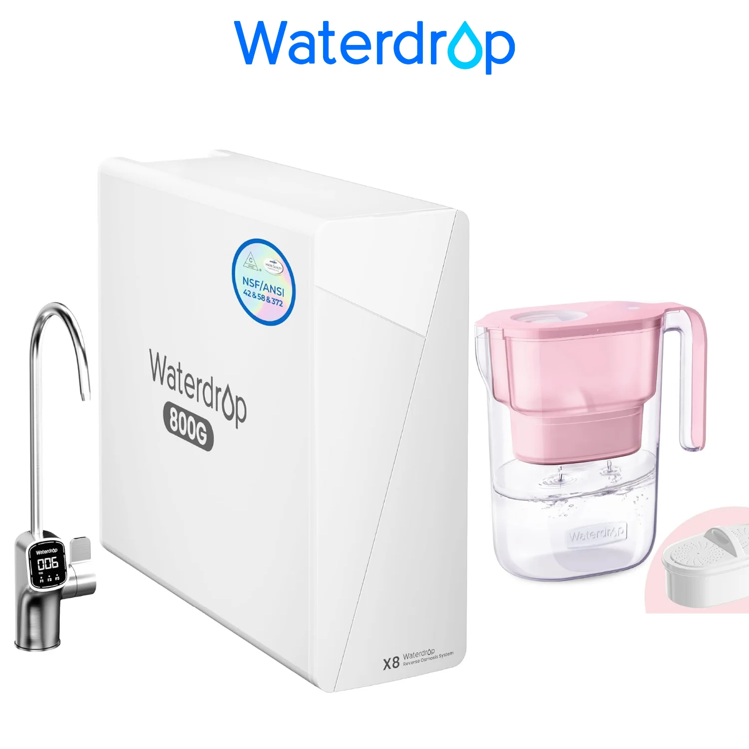 Waterdrop X8 Reverse Osmosis System, NSF/ANSI 42&58&372 Certified, Including Waterdrop Water Filter Pitcher with 1 Filter