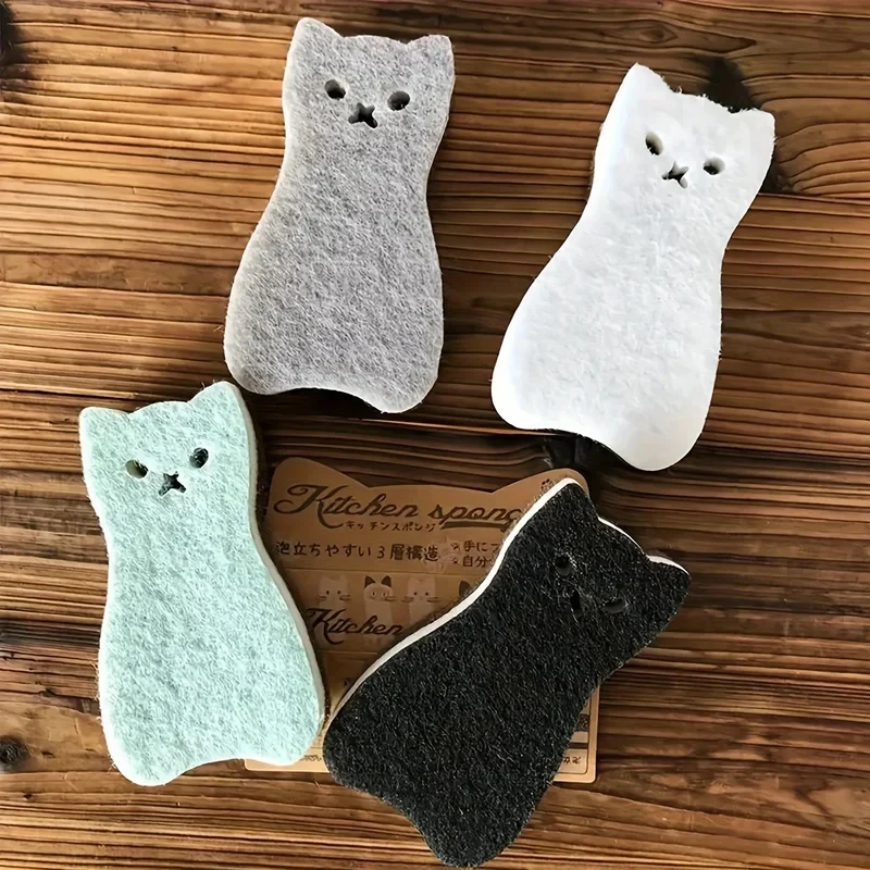 4Pcs Cute Cat Shape Kitchen Sponge Scouring Pad Dishwashing Decontamination Foam Magic Wipe Cleaning Tools