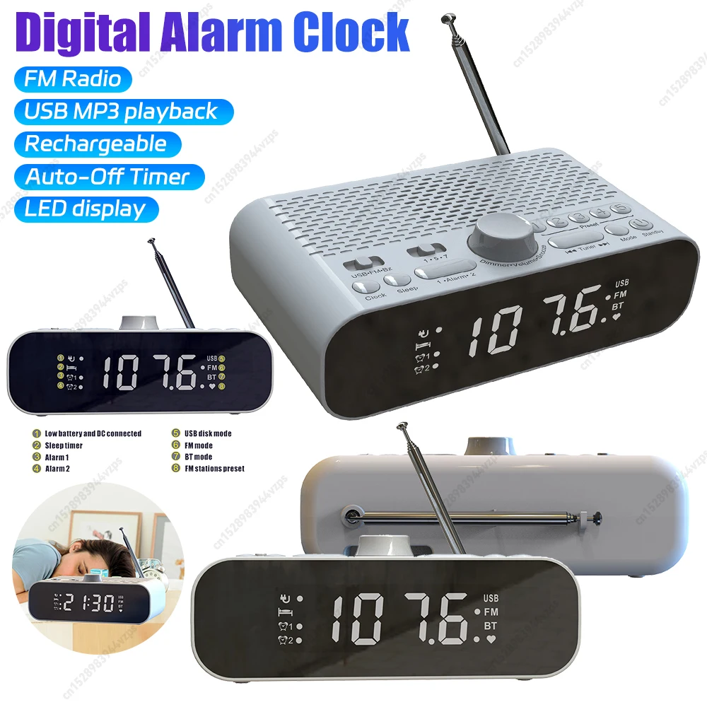 Rechargeable Digital Radio Alarm Clock Classic FM Radio with Auto-Off Asjustment Timer USB MP3 Playback Bedroom Decorations